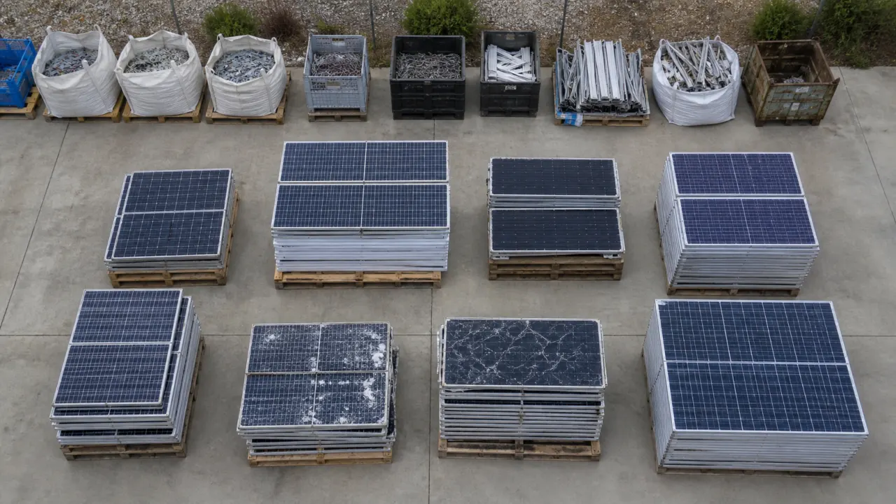 End-of-life solar panels organised by condition on pallets at a collection setting