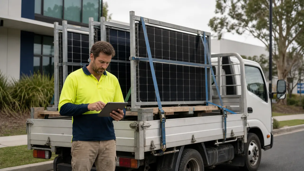 Electrician checking solar panel collection logistics beside a truck with secure panel racks