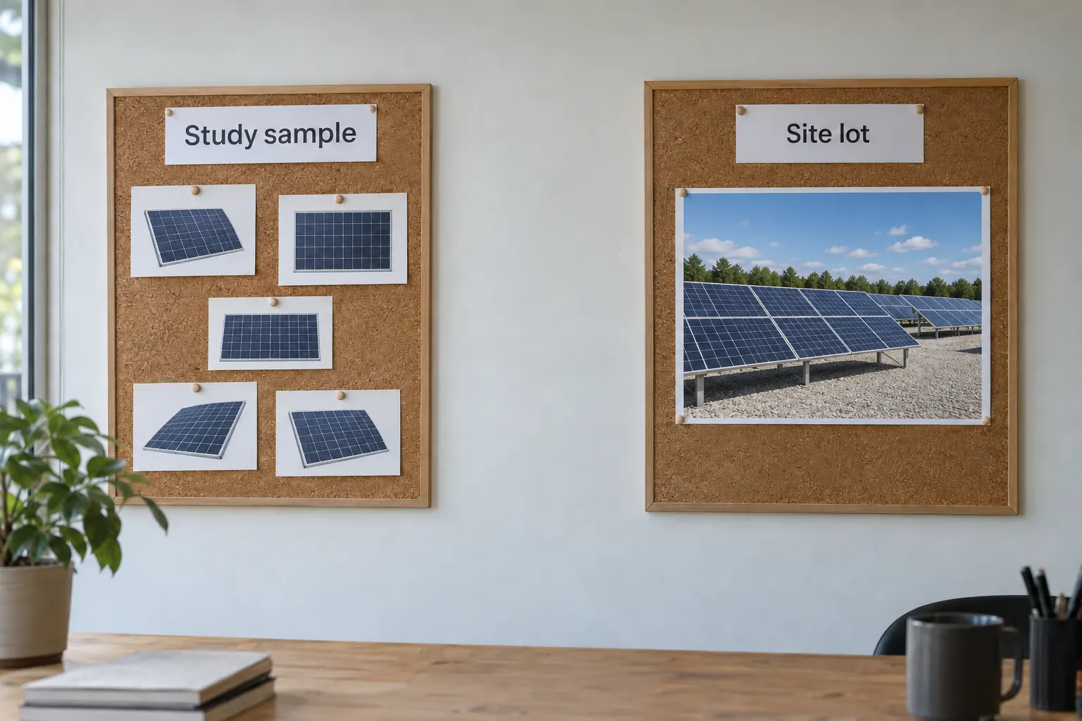 Two corkboards labelled Study sample and Site lot, with solar-module drawings and a photograph of an installed array