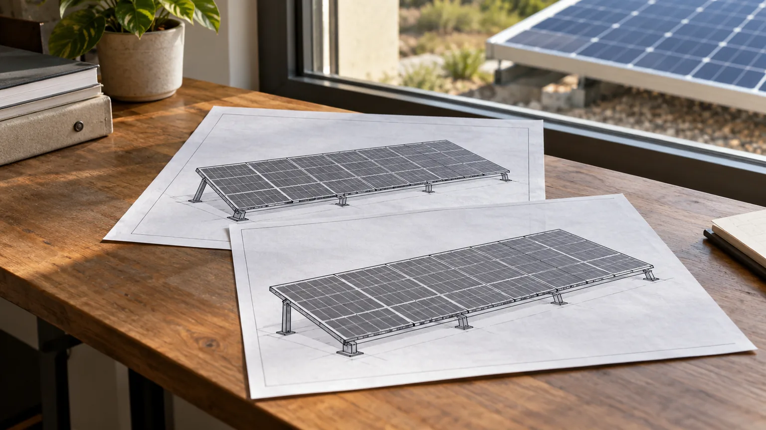 Two paper prints of similar solar arrays overlapping on a wooden desk beside a window
