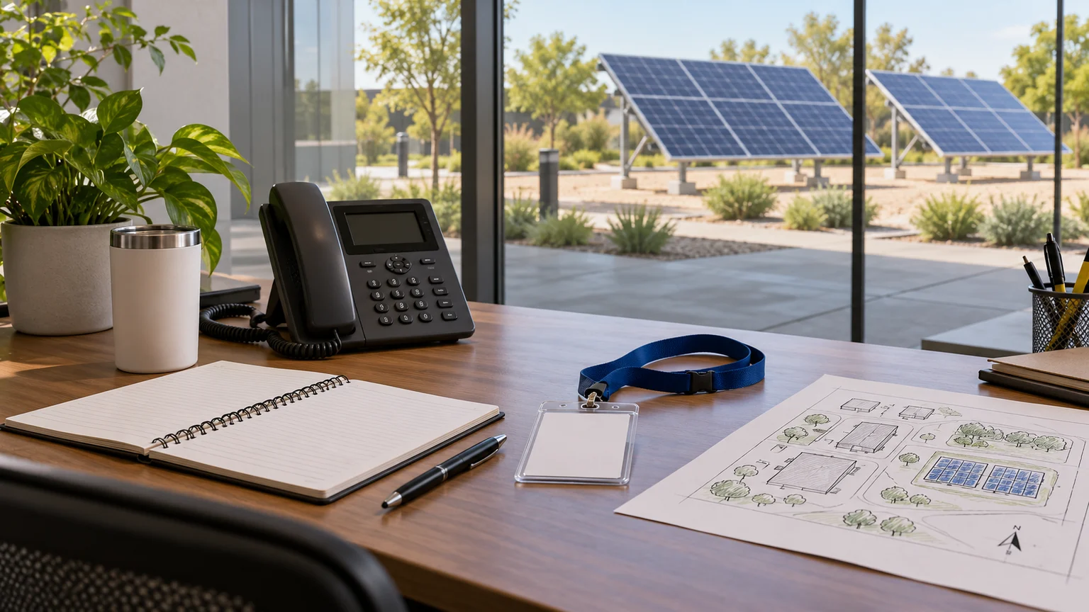 Facilities desk with a blank notebook, phone and visitor badge beside a site plan