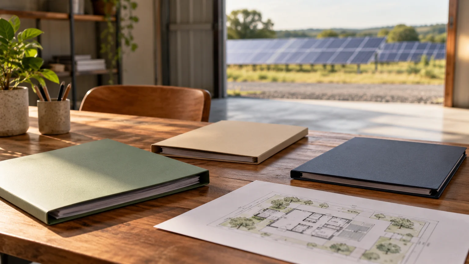 Three blank property folders and a site plan on a desk beside a warehouse doorway