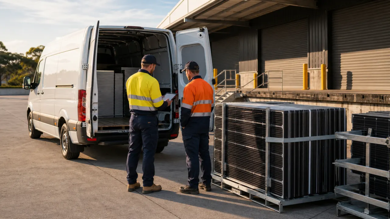 Commercial site workers coordinating a documented solar panel handover beside a collection vehicle