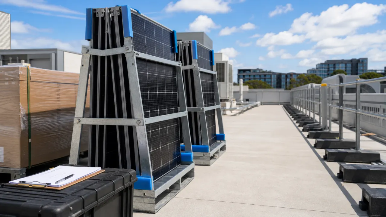 Removed solar panels secured in transport racks in a clear commercial rooftop staging area