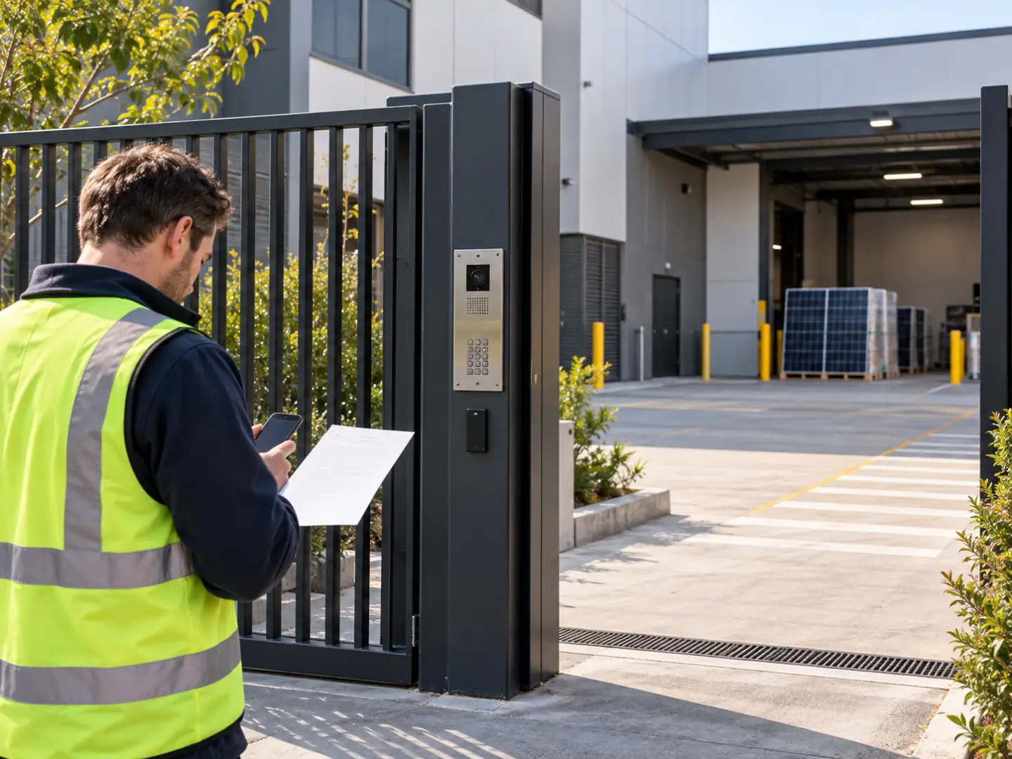 Commercial coordinator checking a phone and blank access note outside a service entrance