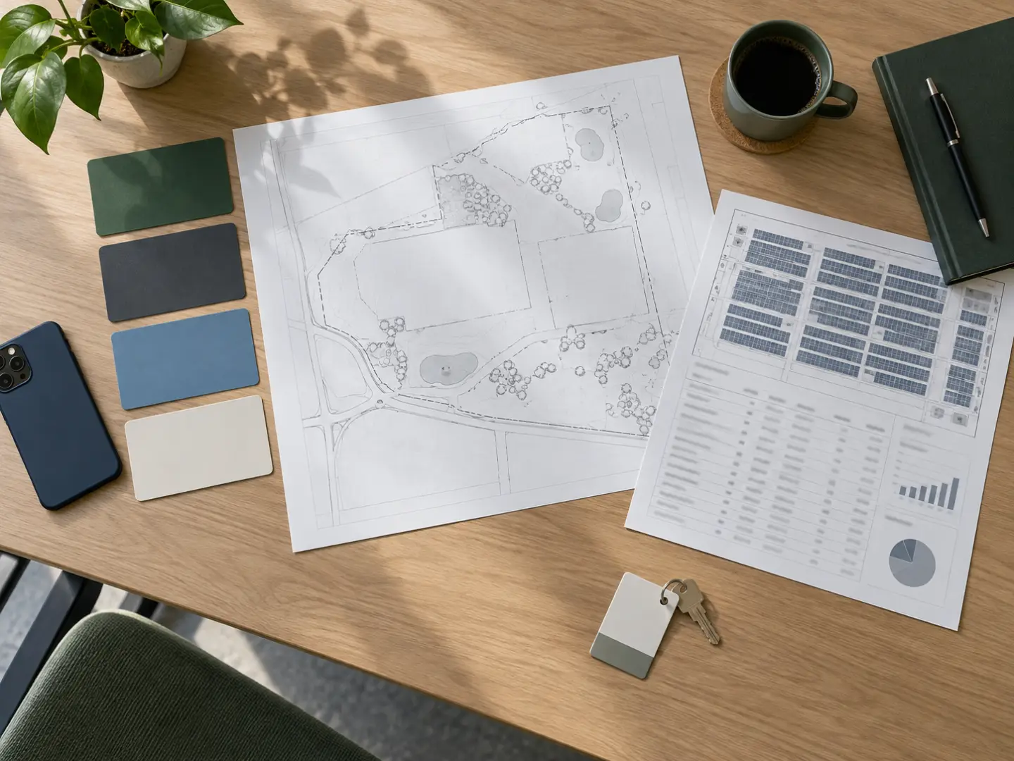 Blank colour-coded folders, site map, key card and phone on a project meeting table