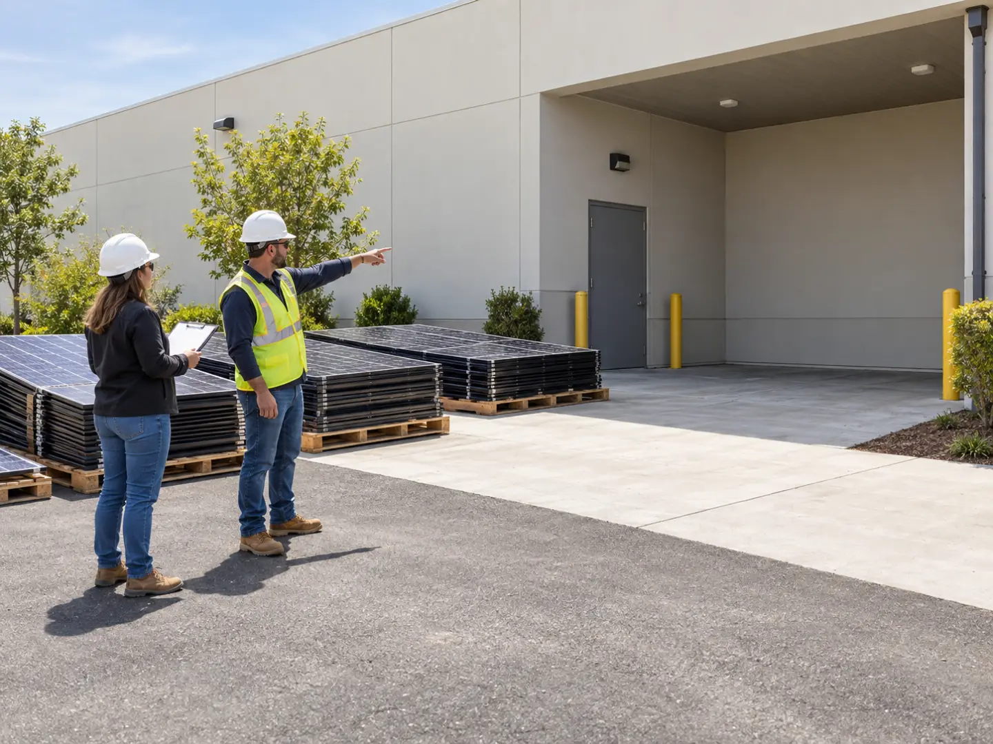 Project coordinator observing two separate ground-level solar staging areas near a service door
