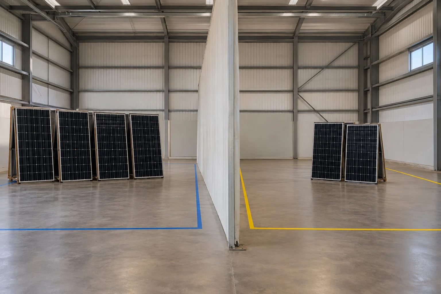 Two separate warehouse bays holding distinct groups of ground-level solar panels