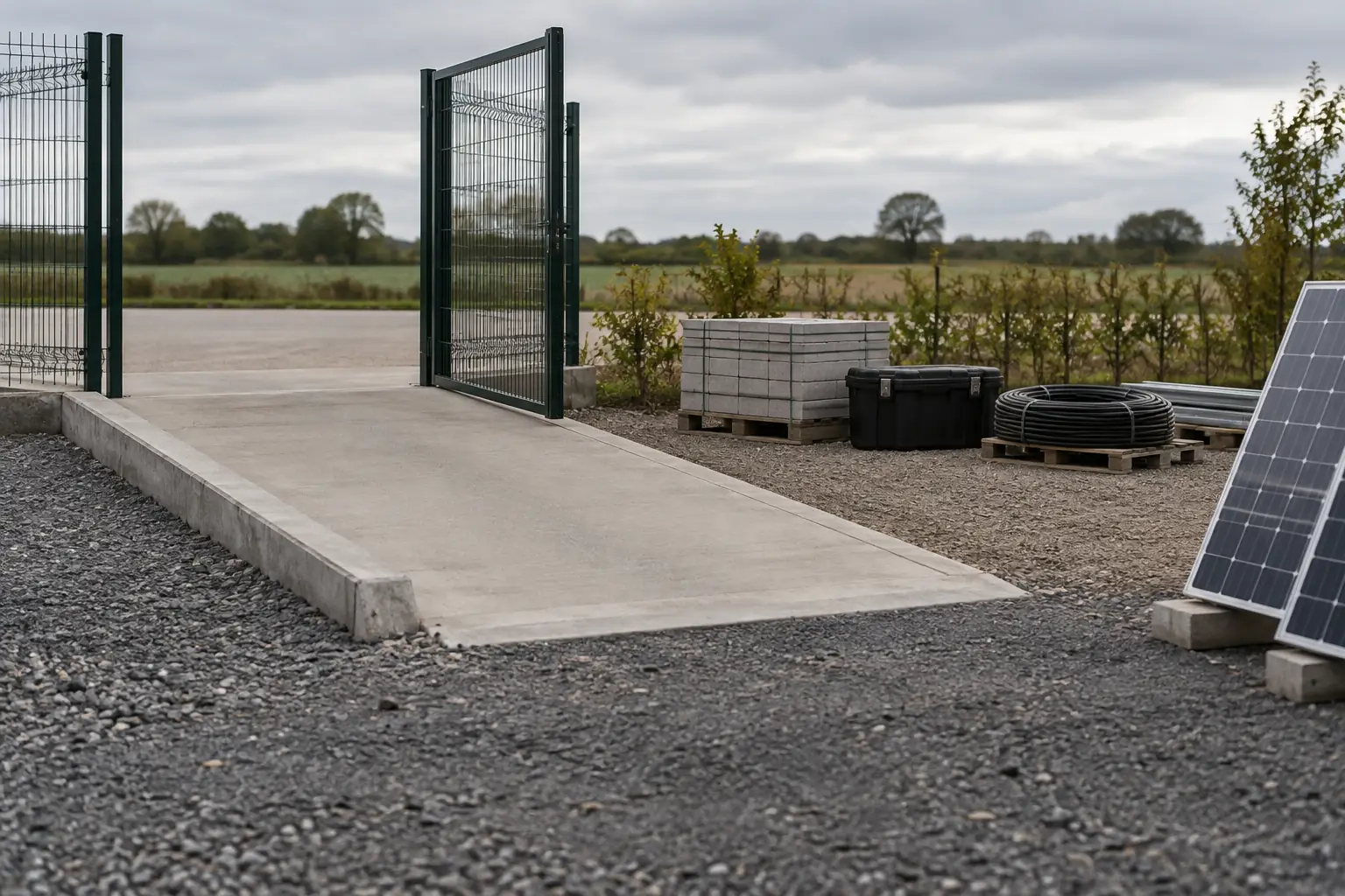 Plain commercial gate and ground-level access ramp beside a small solar panel staging zone