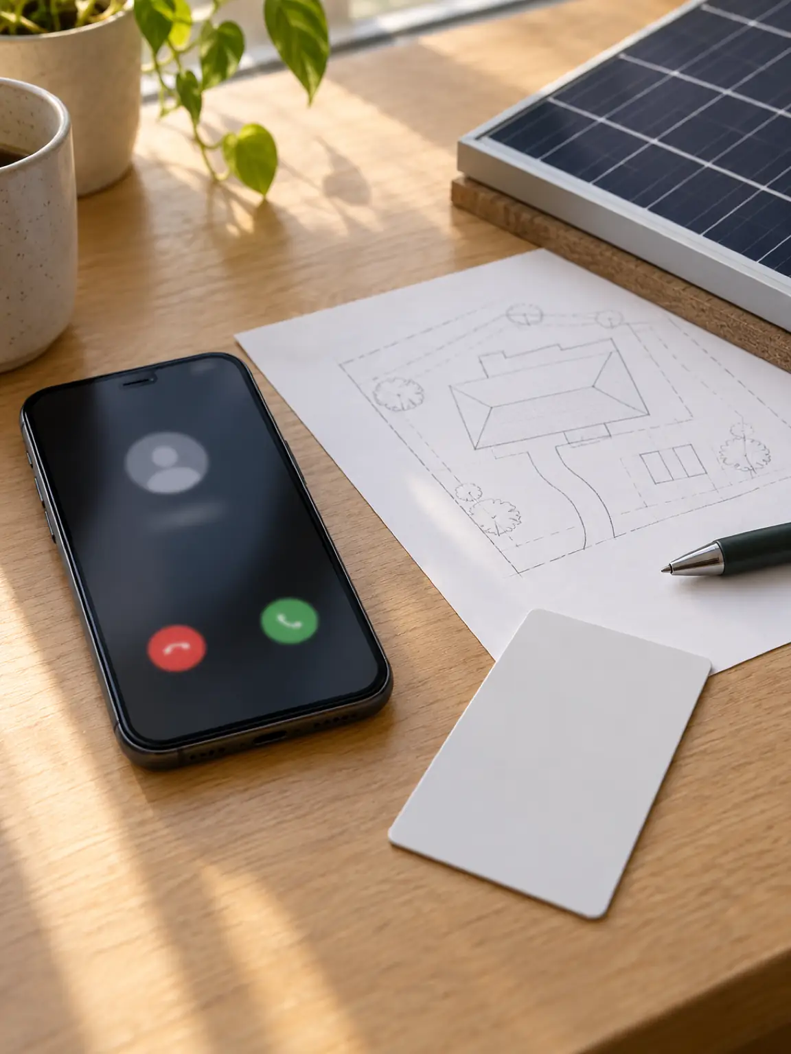 Mobile phone beside a blank site access sketch, keycard and solar panel corner sample