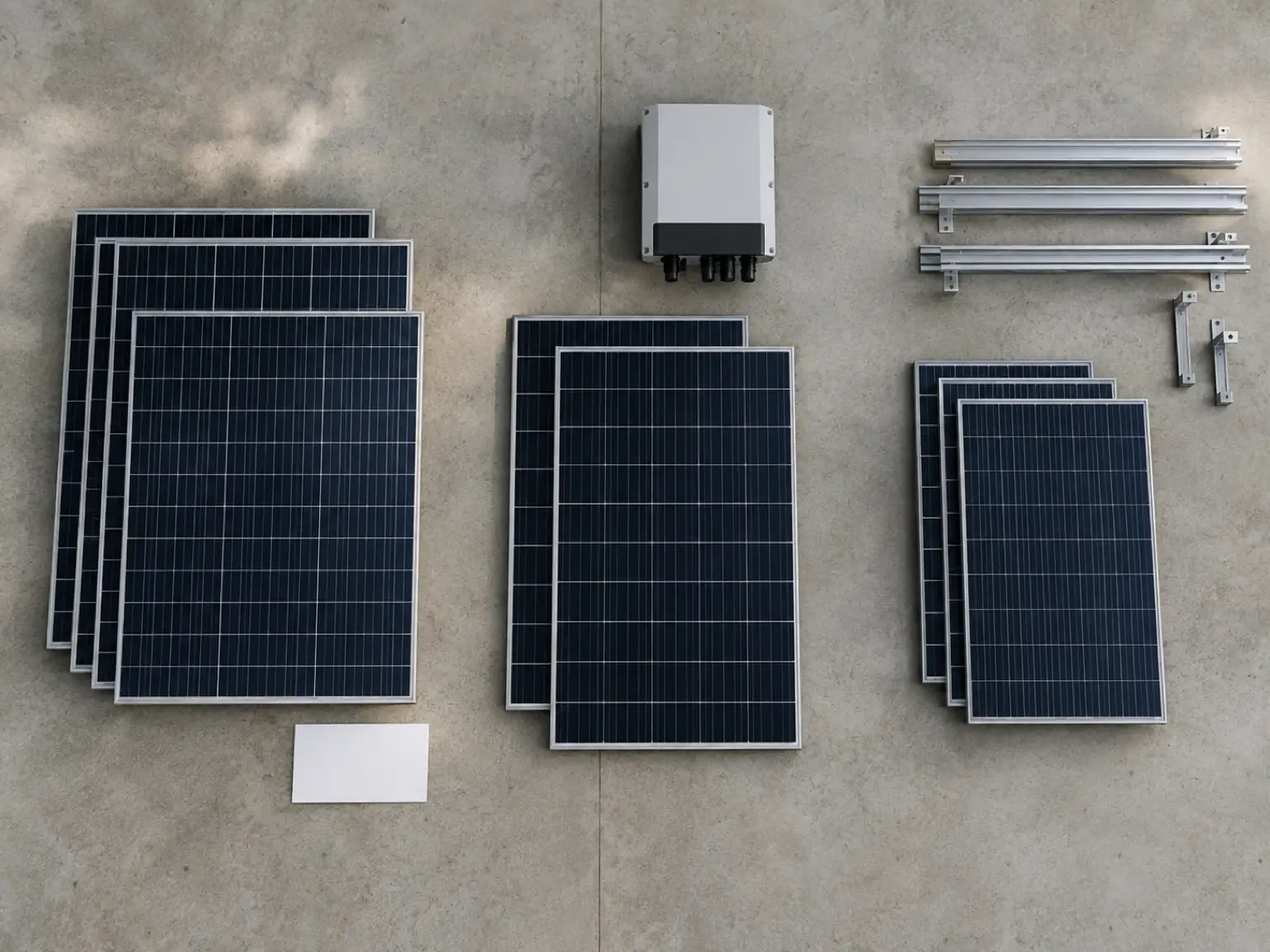 Separated groups of solar panels, rails and an inverter on a concrete surface