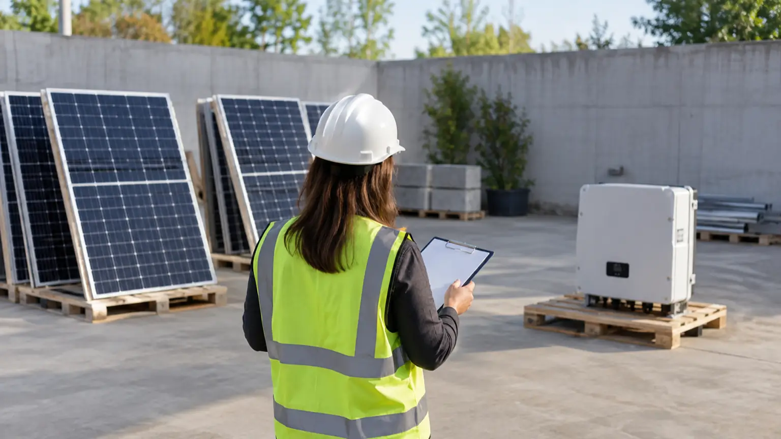 Project coordinator reviewing a clipboard near separated solar panels and an inverter at ground level