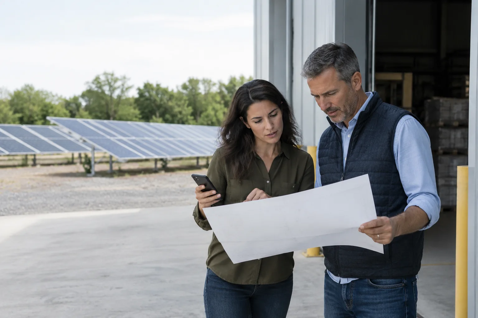 Two company coordinators checking a blank site plan near a warehouse doorway and ground-level panels