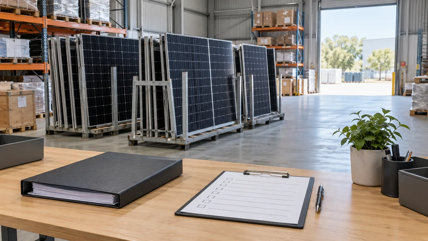 Facilities manager comparing an asset register with a current ground-level solar batch in a warehouse