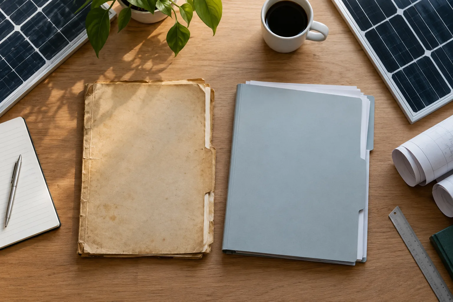 Historic asset-register folder and current batch folder beside solar panel corners