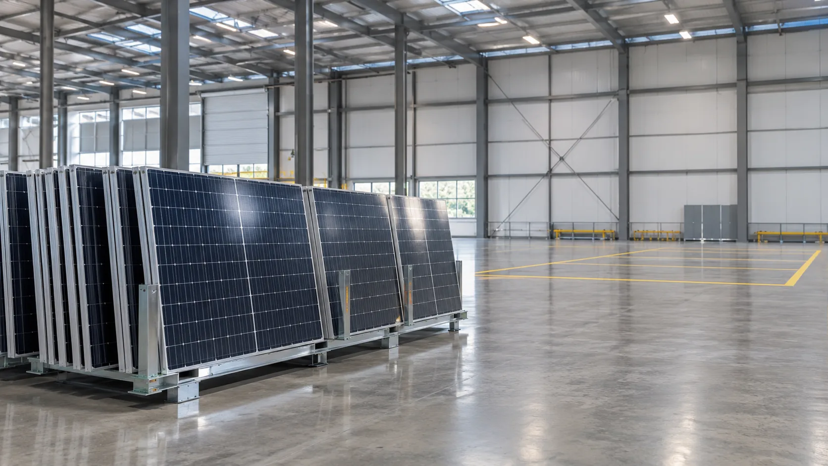 One current solar panel batch on supports and a separate later-stage warehouse zone