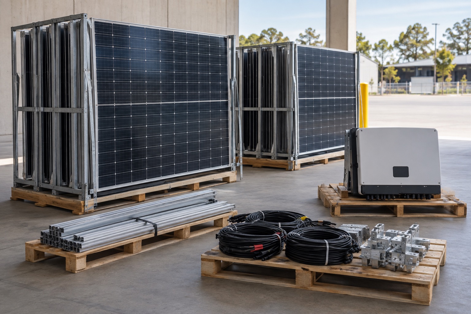 Editorial view of separately staged solar panels, an inverter, rails and cables for an equipment inventory