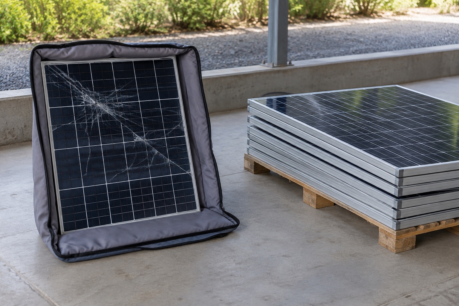 Editorial view of a visibly damaged solar panel protected separately beside an intact ground-level batch