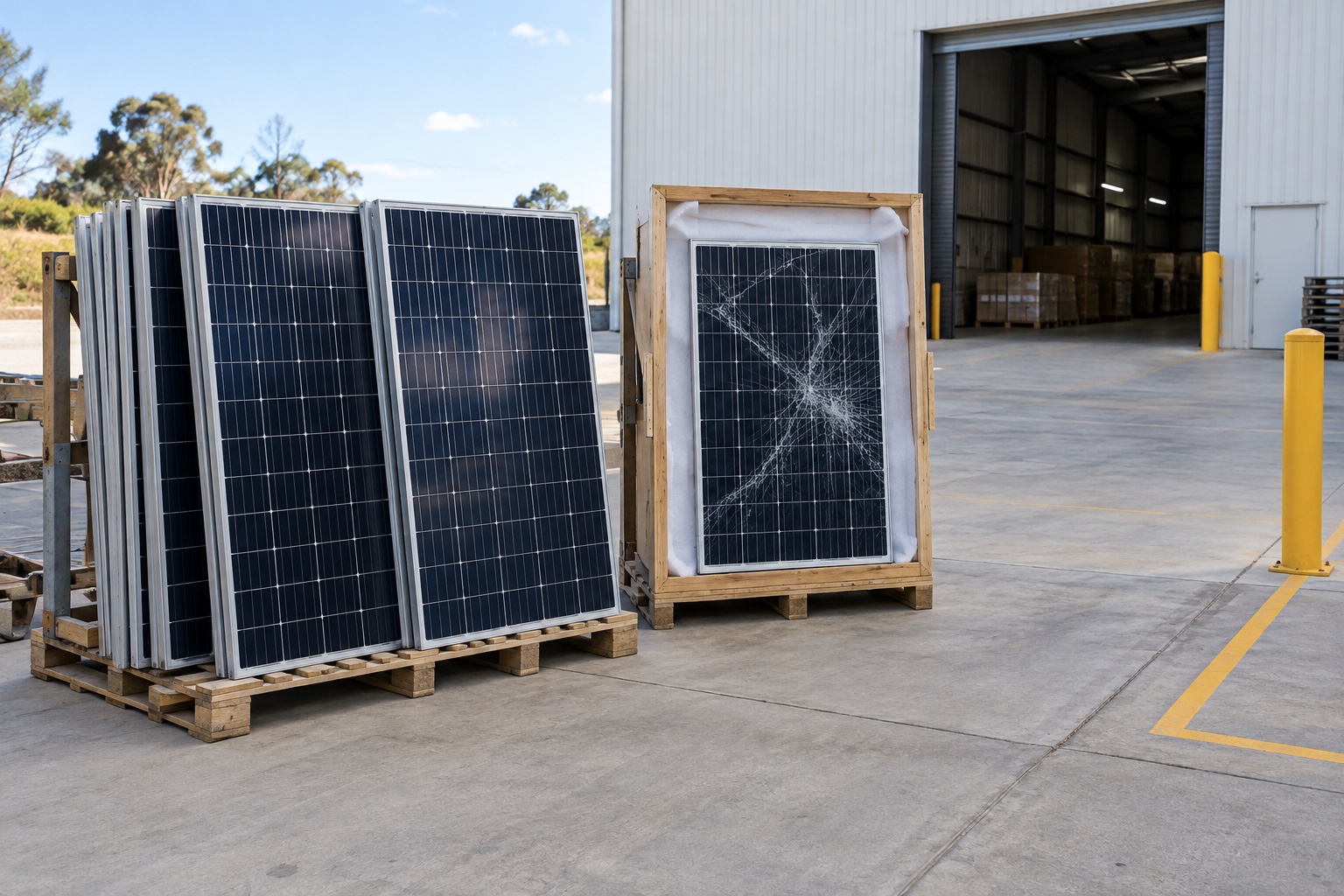 Editorial view of a mixed-condition batch with a separately protected cracked solar panel