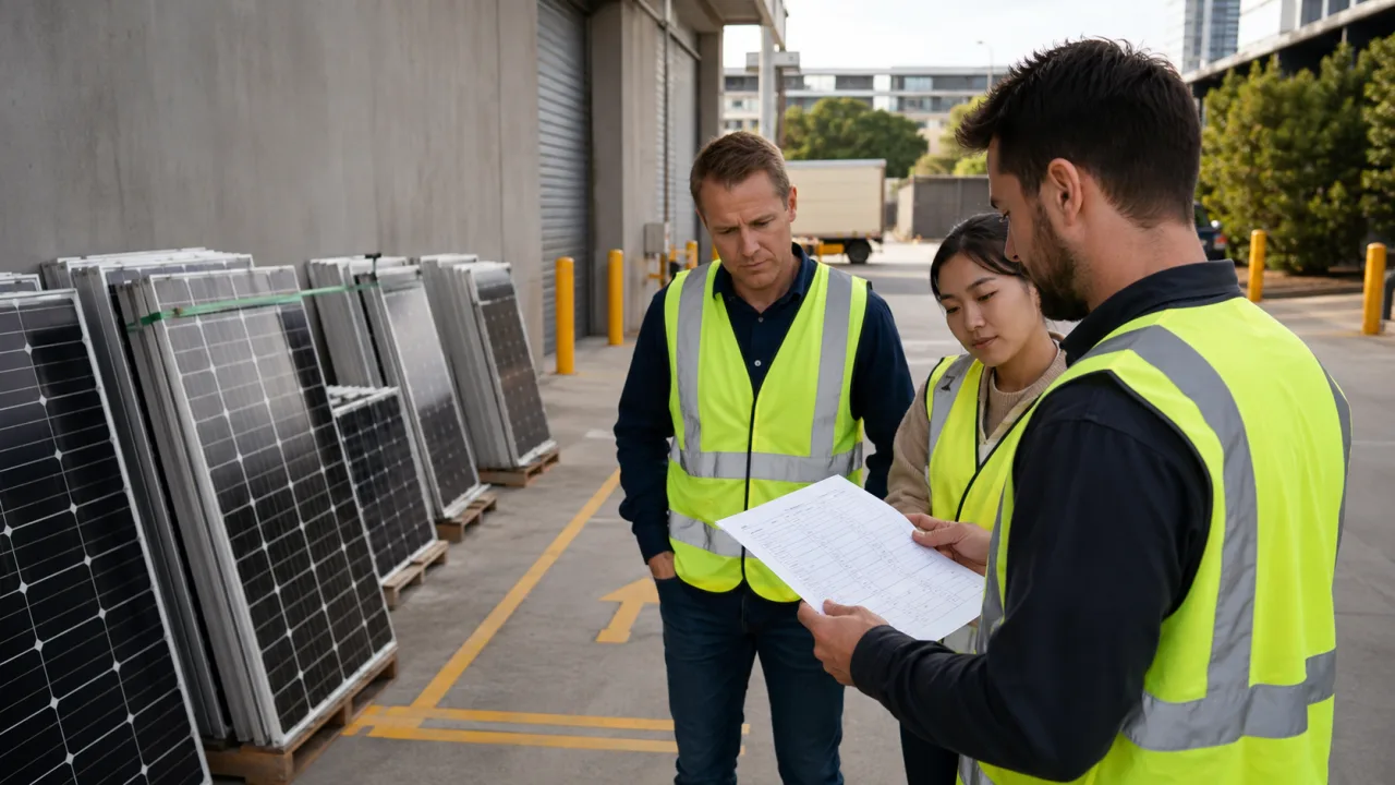 Commercial facilities team checking a count sheet beside grouped removed solar panels at a ground-level loading area