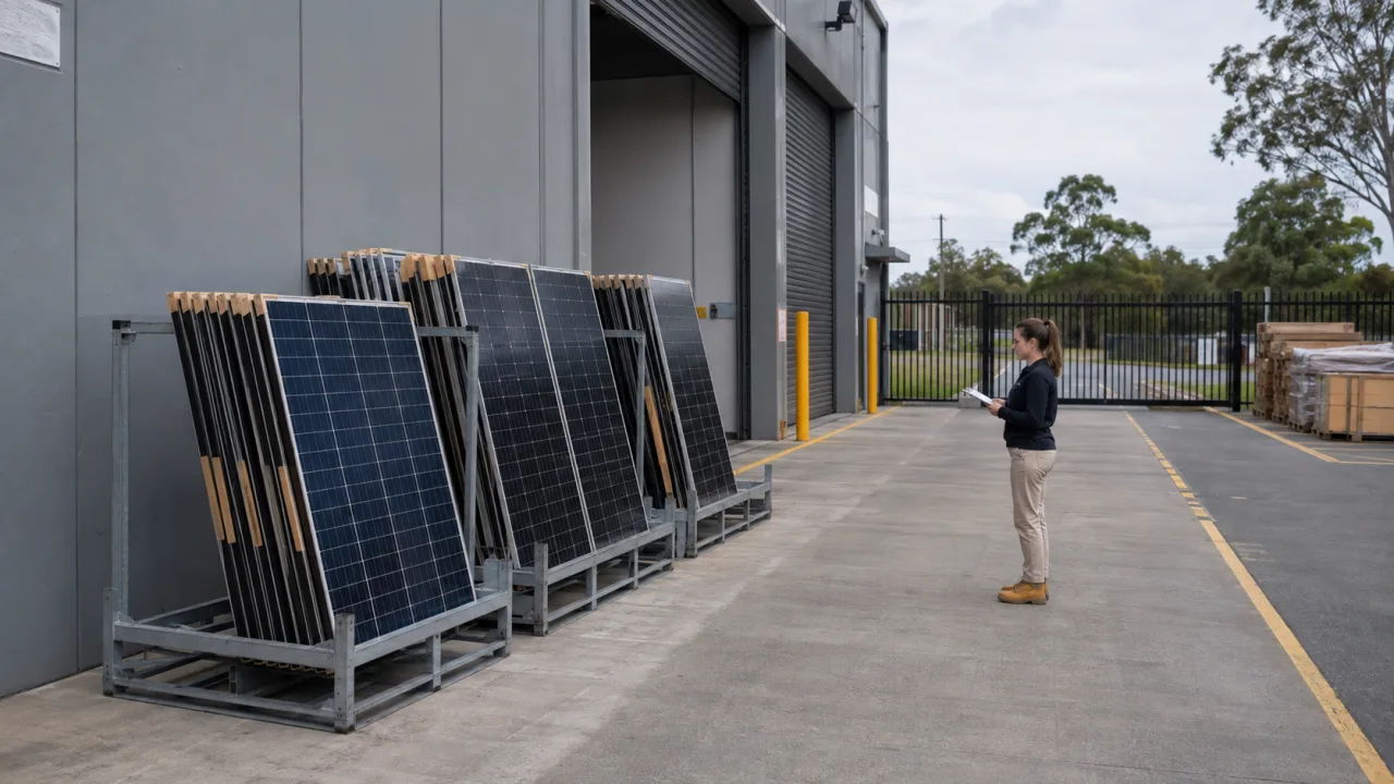 Safely staged removed solar panels beside an unobstructed commercial loading lane and gated access route