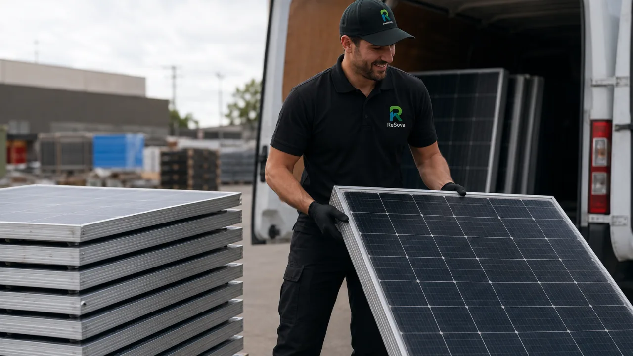 A worker assessing the condition and value of used solar panels in a Sydney yard