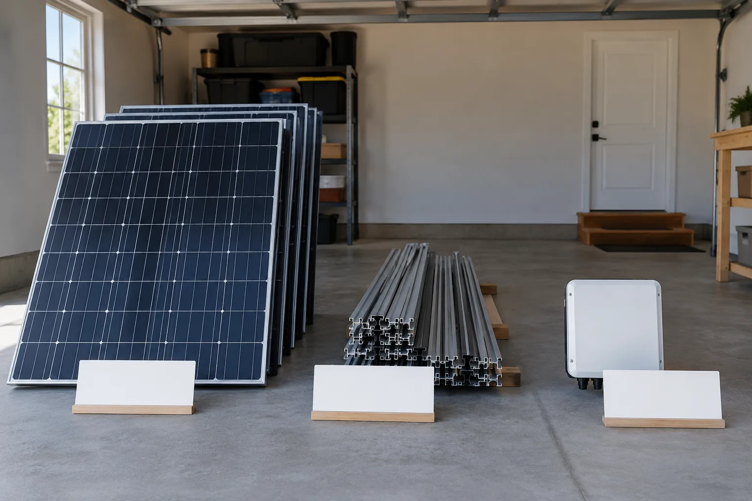 Separated groups of solar panels, rails and a boxed component at ground level
