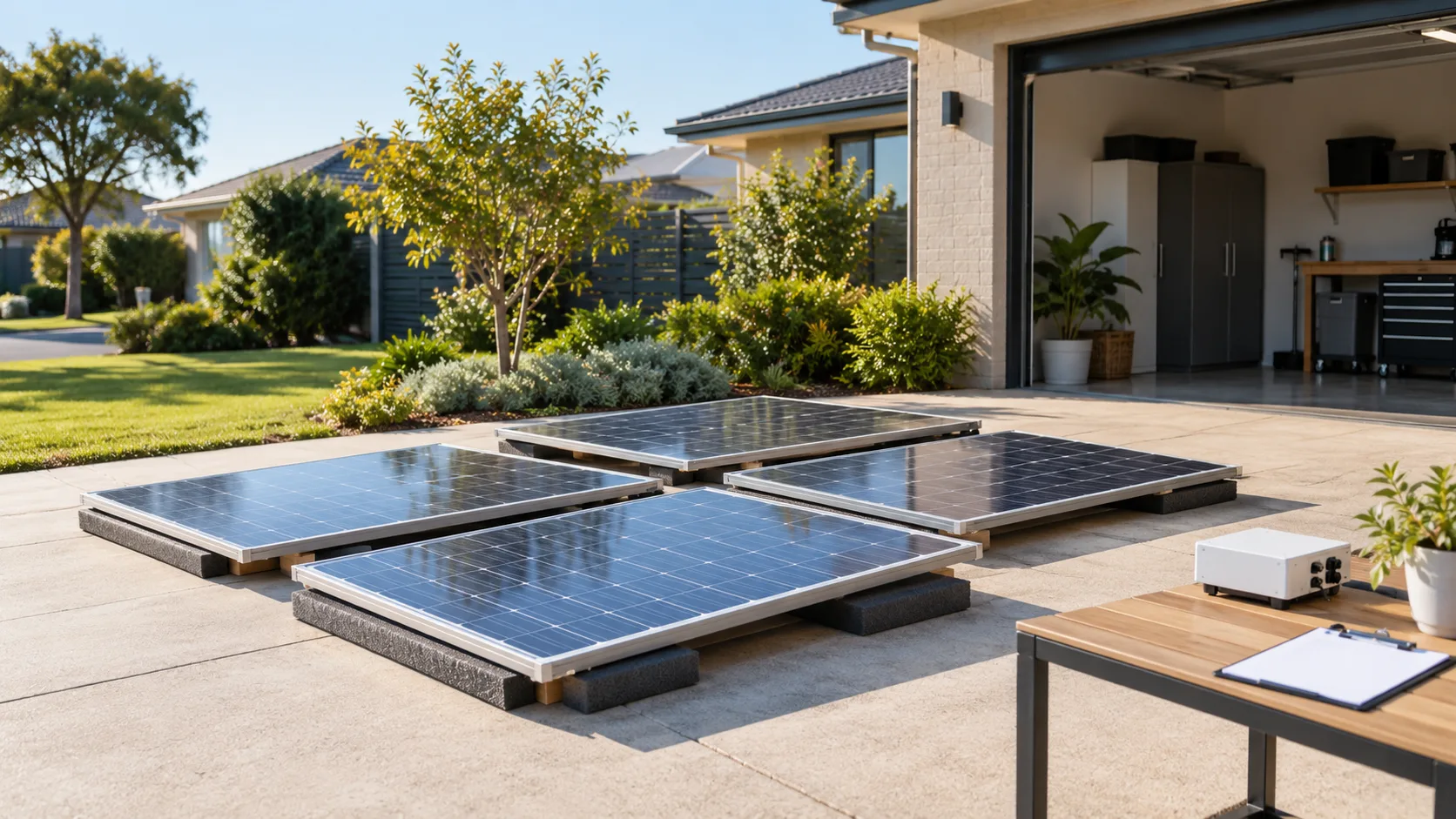 Homeowner comparing a component checklist with ground-level solar equipment beside a garage