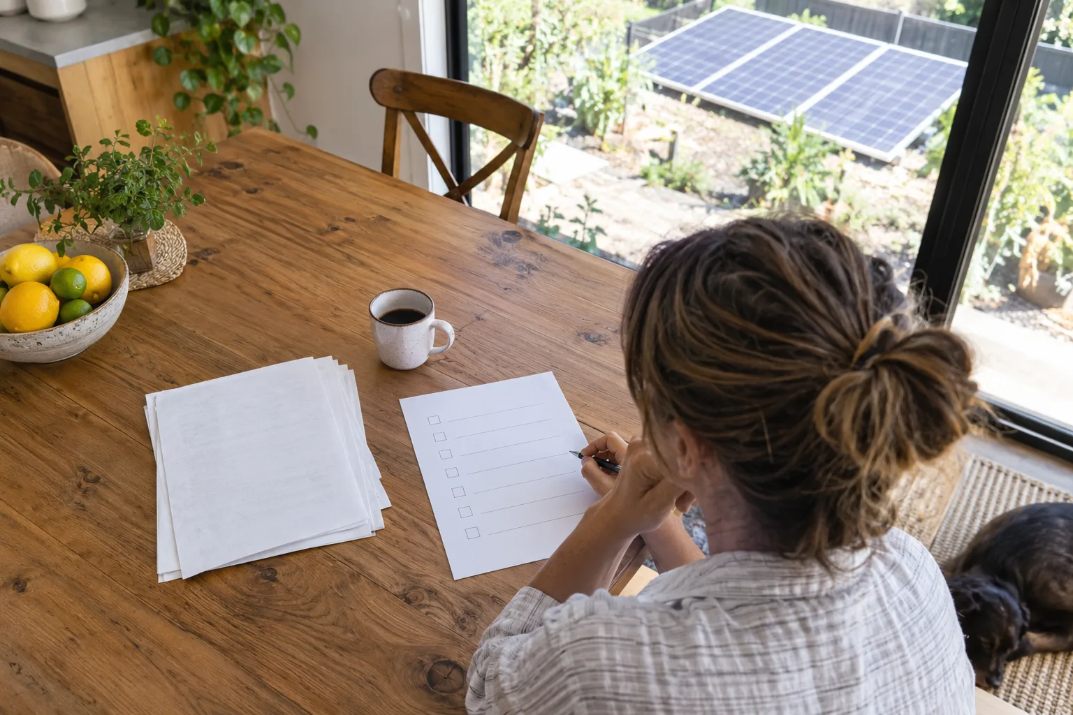 Old home solar paperwork beside a blank current checklist with ground-level panels in view