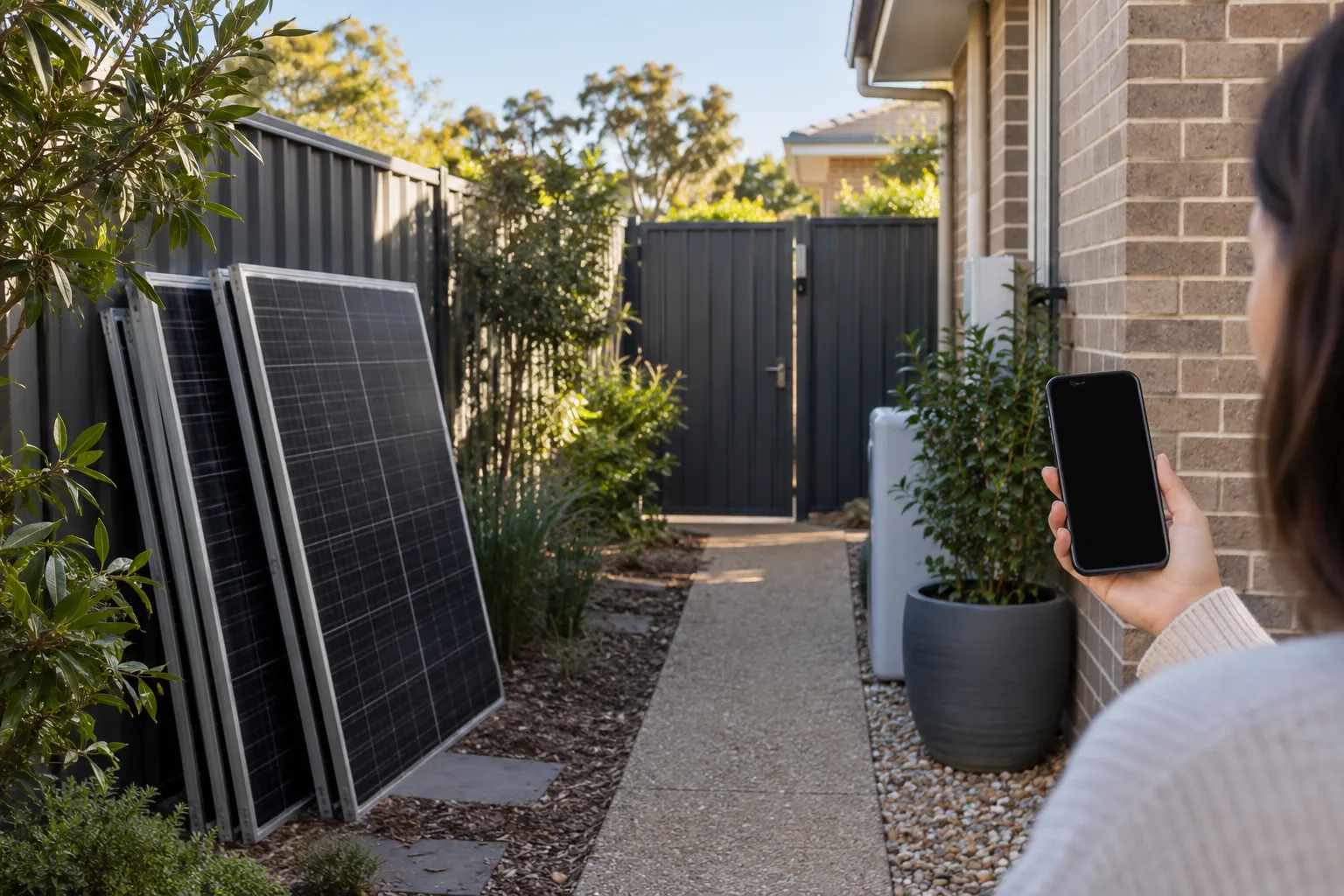 Residential side-gate handover area with solar panels at ground level and a phone