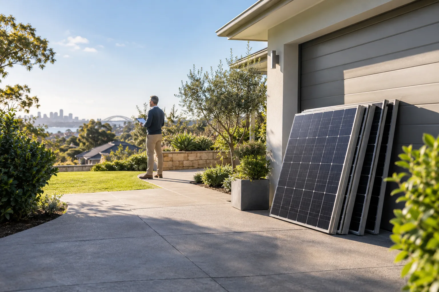 Homeowner beside a tidy garage with already removed solar panels at ground level