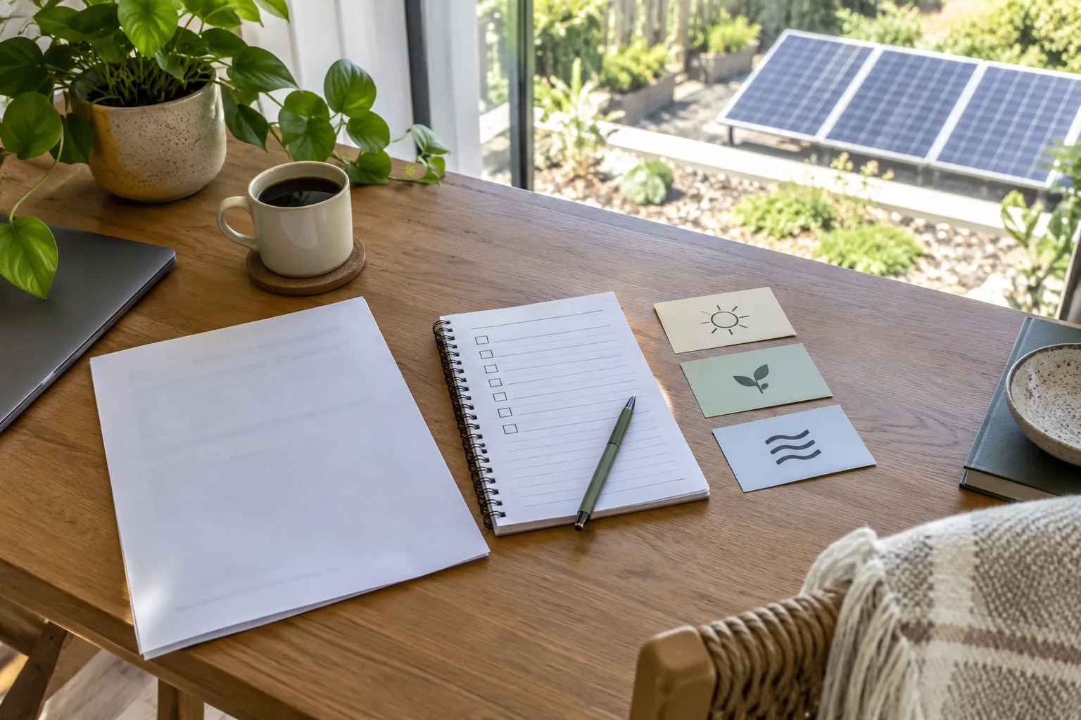 Home paperwork and a simple checklist beside ground-level solar panels seen through a window