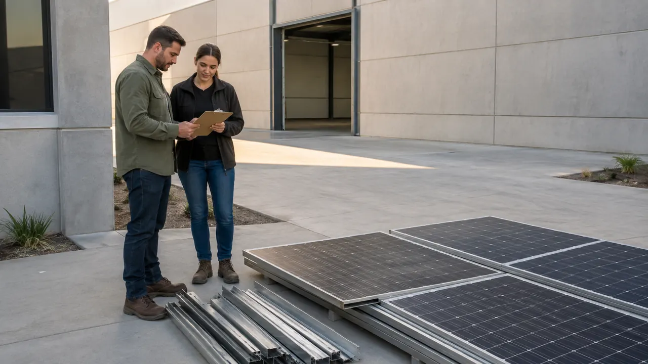 Project coordinator checking a plain inventory clipboard beside grouped removed solar equipment and a clear loading route