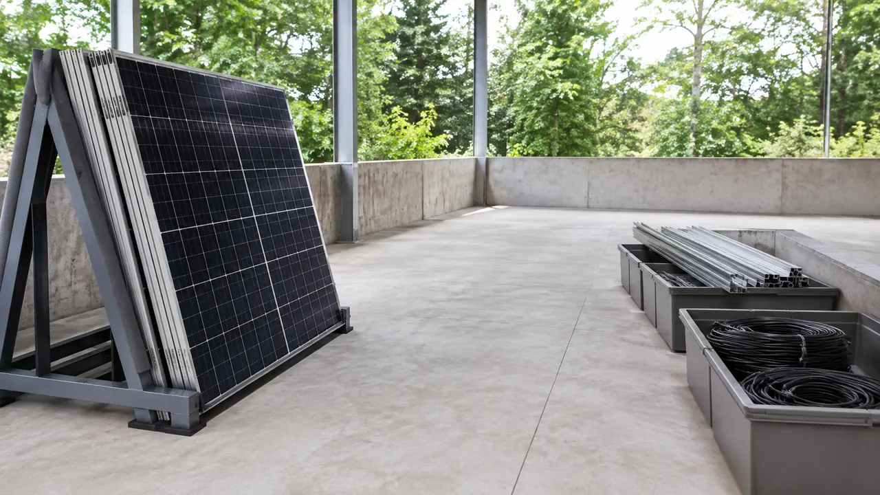 Removed solar panels and separately listed components safely staged at ground level in a neat commercial area
