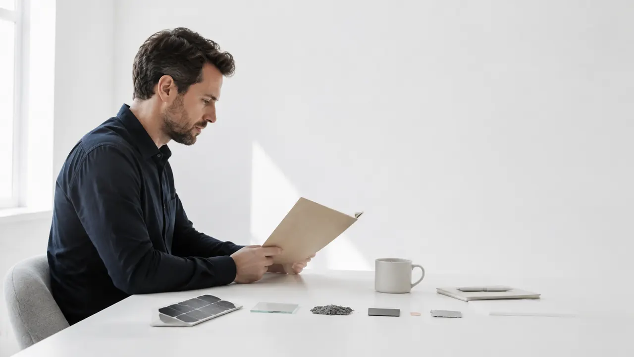 Analyst reviewing an unbranded folder beside a small inactive solar-panel sample and generic component samples in a bright project room