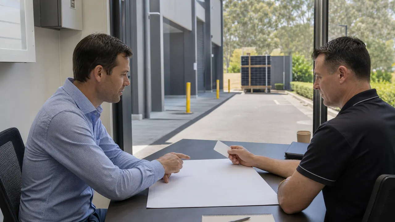 Facilities manager and project coordinator confirming access arrangements with safely staged removed solar panels visible at a commercial loading entrance