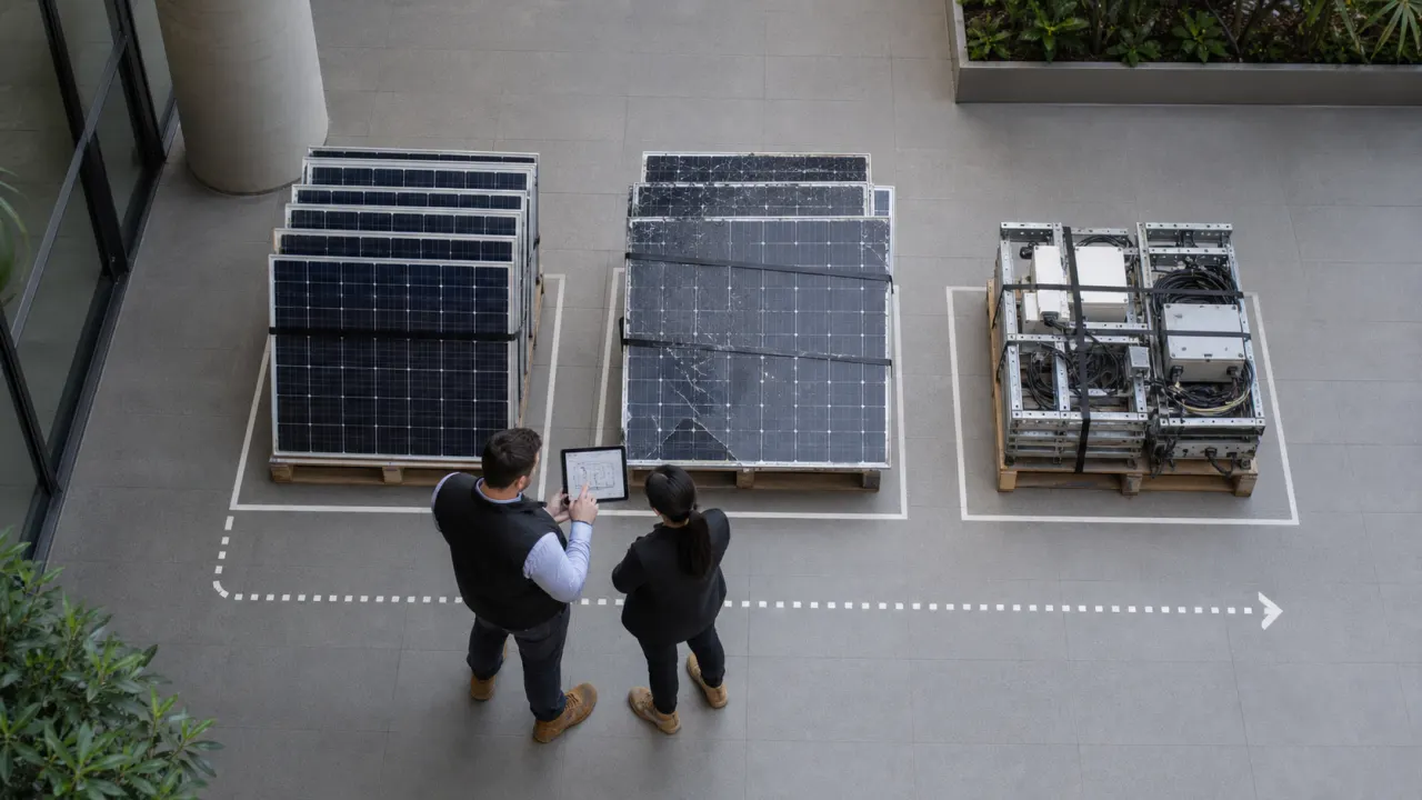 Overhead view of project coordinators documenting separately secured groups of removed solar panels and related components