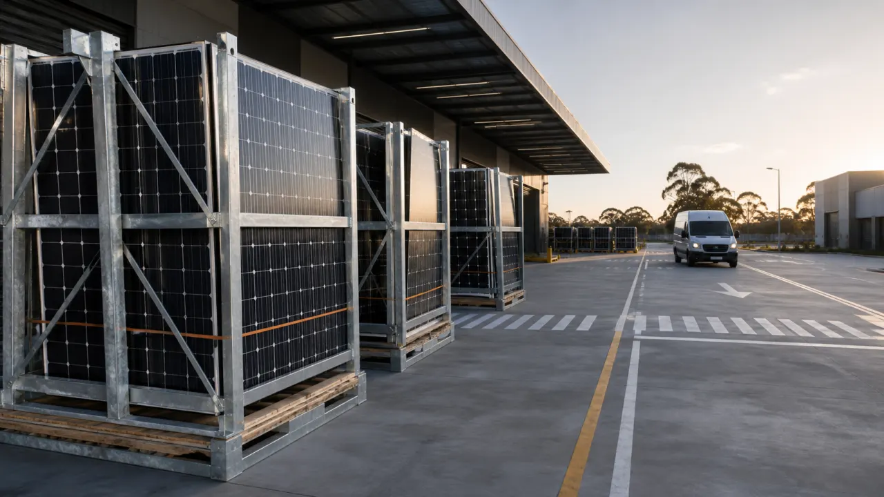 Securely racked removed solar panels beside a clear commercial loading route and unbranded collection vehicle at a Sydney industrial precinct