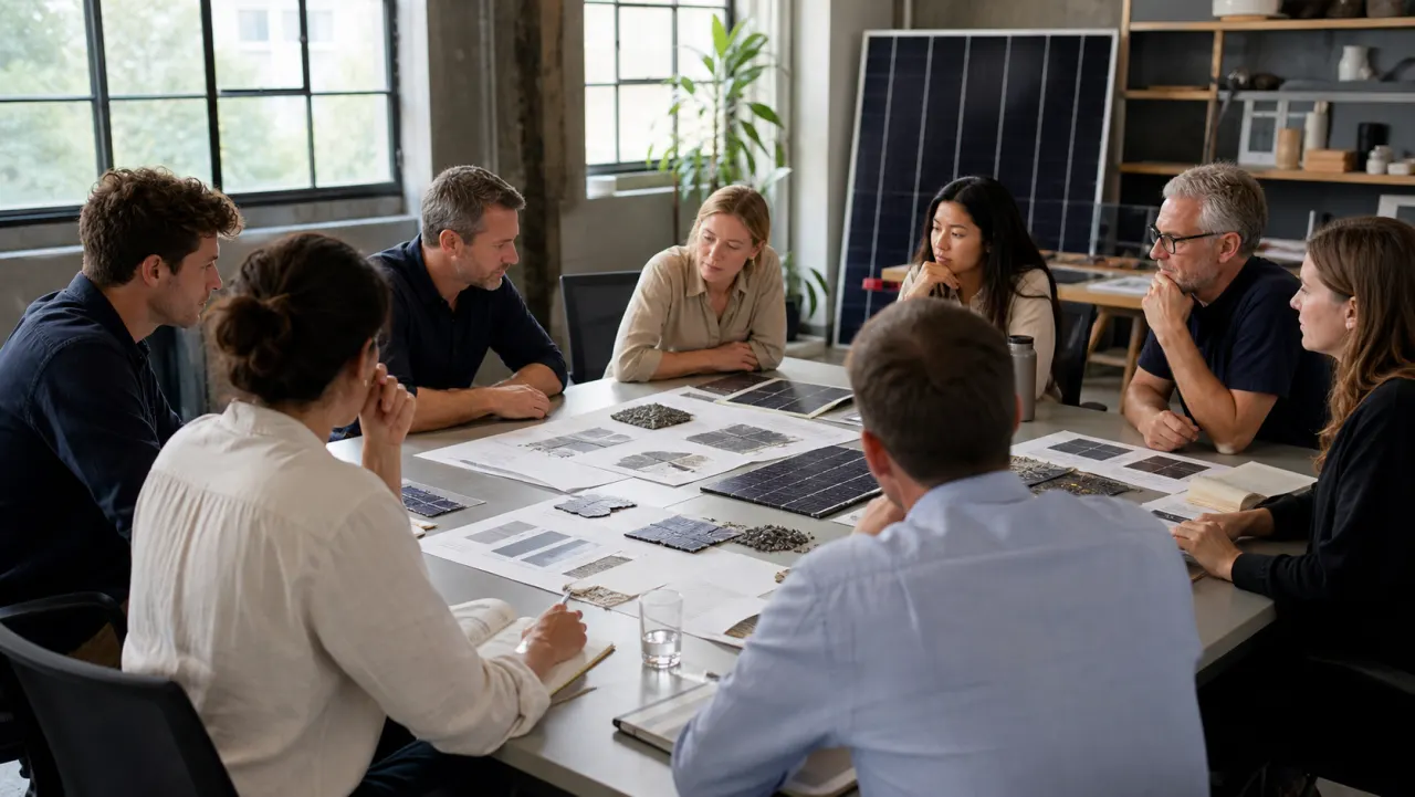 Solar-sector stakeholders discussing panel recovery planning at a roundtable