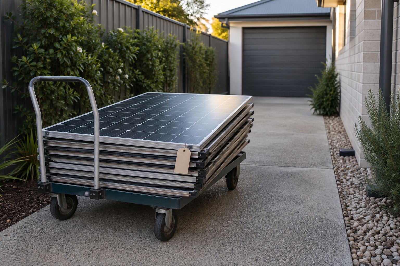 Editorial view of removed solar panels staged on a trolley beside a clear ground-level access route