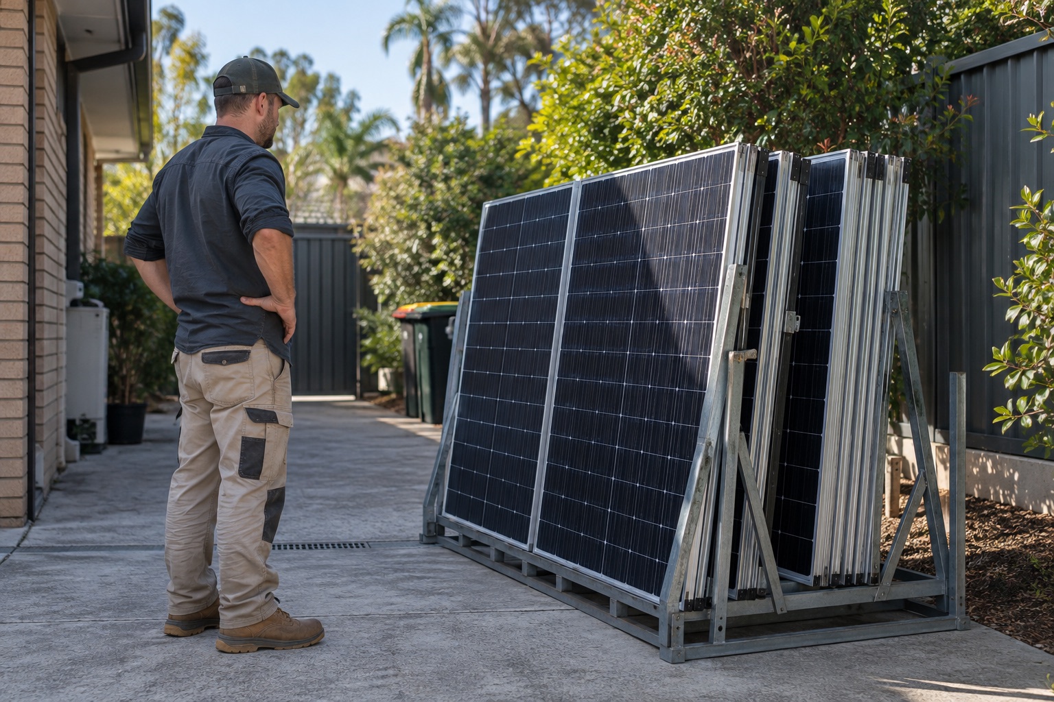 Editorial view of an installer checking a ground-level rack of removed solar panels before handover