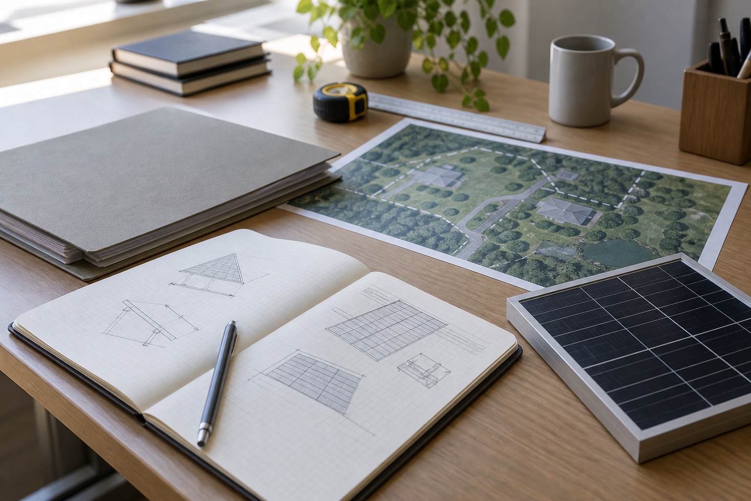 Editorial desk view of solar-panel collection planning materials, an unlabelled site map and a panel sample