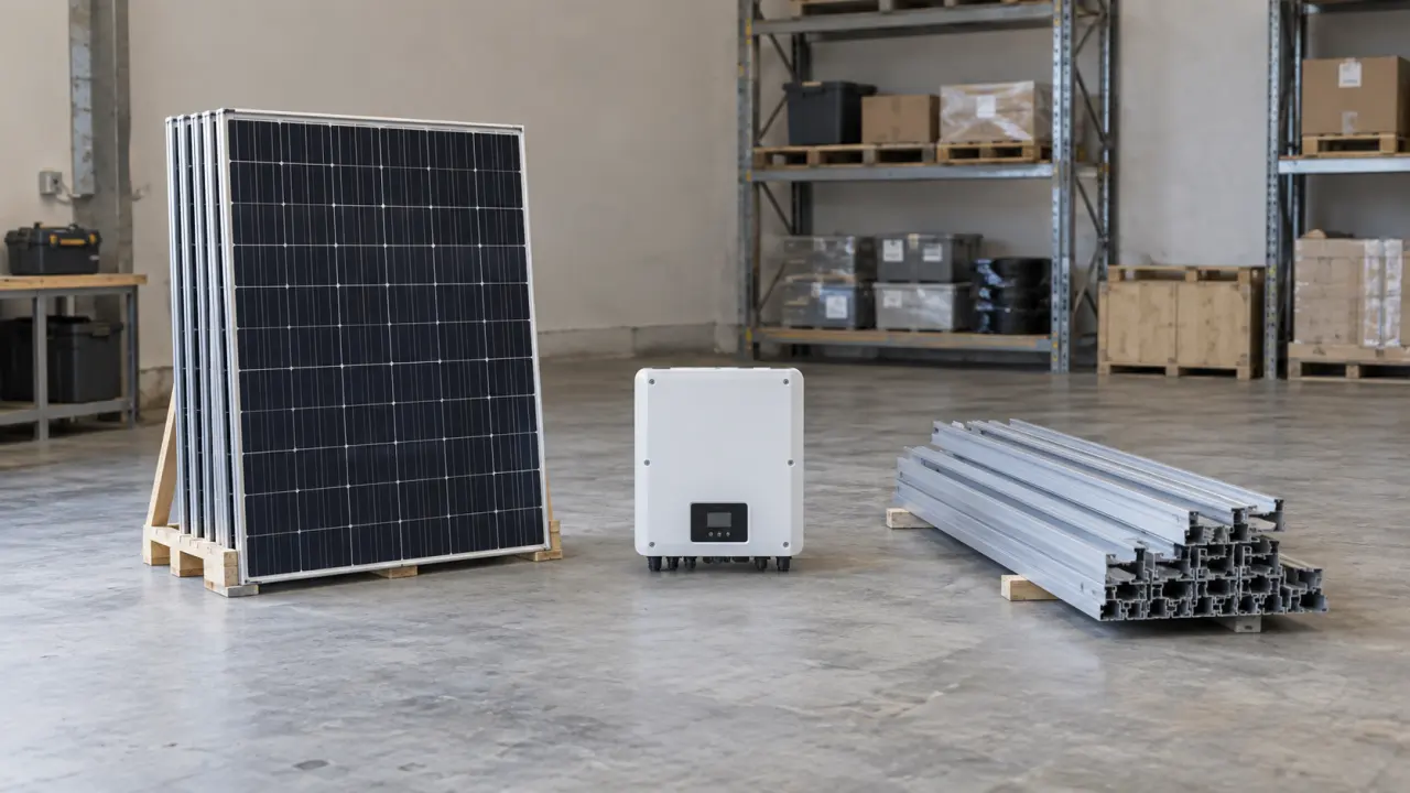 Separate groups of removed solar panels, an inverter and mounting rails