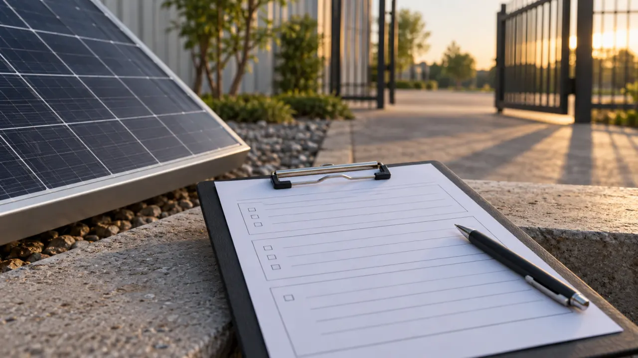 Inventory checklist beside a solar panel at an open commercial gate