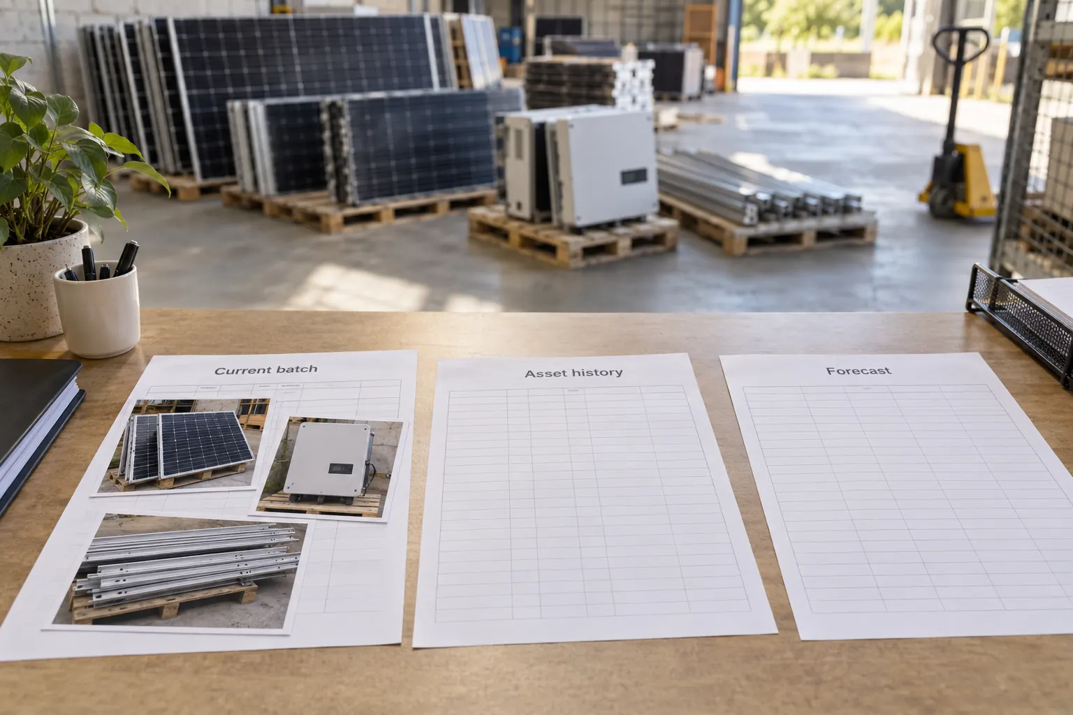 Separate Current batch Asset history and Forecast sheets with equipment photo prints attached only to the current sheet