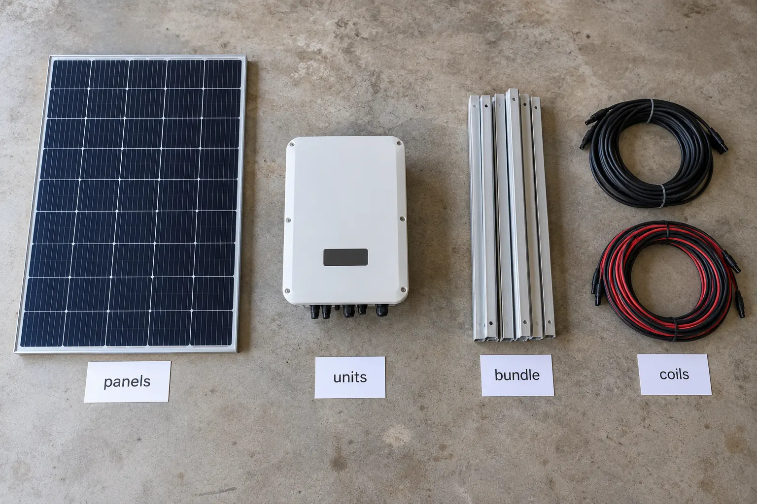Detached solar module, inverter housing, rail group and cable coils beside cards reading panels units bundle and coils