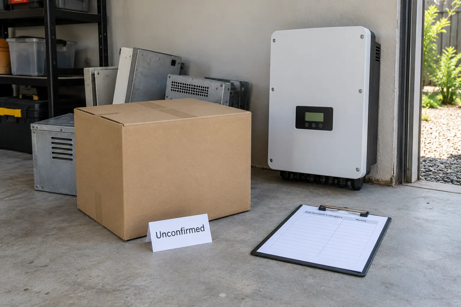 Closed carton marked Unconfirmed beside partly obscured metal housings, a separate inverter housing and a clipboard