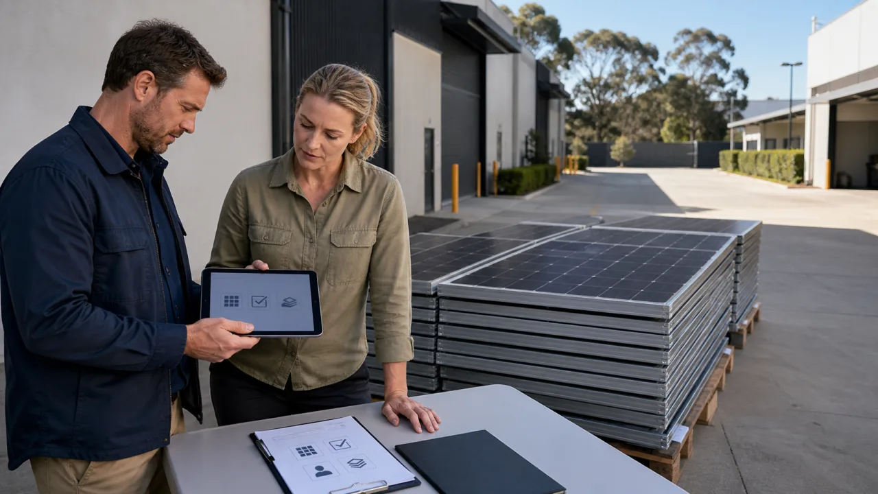 Facilities coordinators reviewing portfolio scope inputs beside safely staged removed solar panels at a commercial site