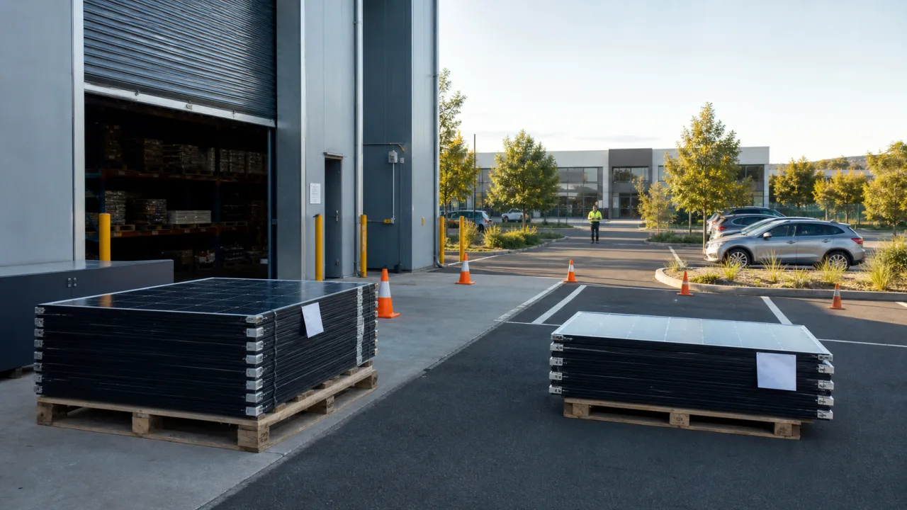 Safely staged removed solar panels in commercial ground-level areas with clear vehicle loading access