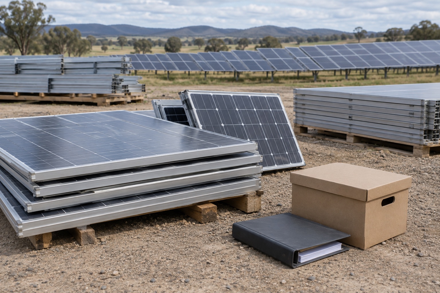 Editorial view of removed solar panels in a generic ground-level staging area